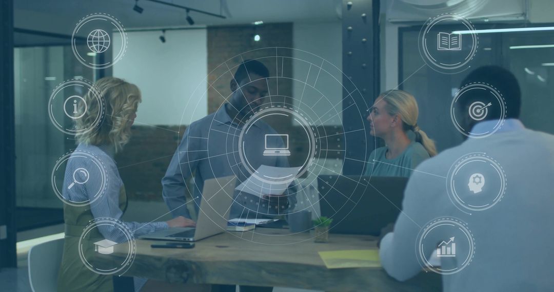 Team collaborating with augmented reality overlays in modern glass-walled open-plan meeting space