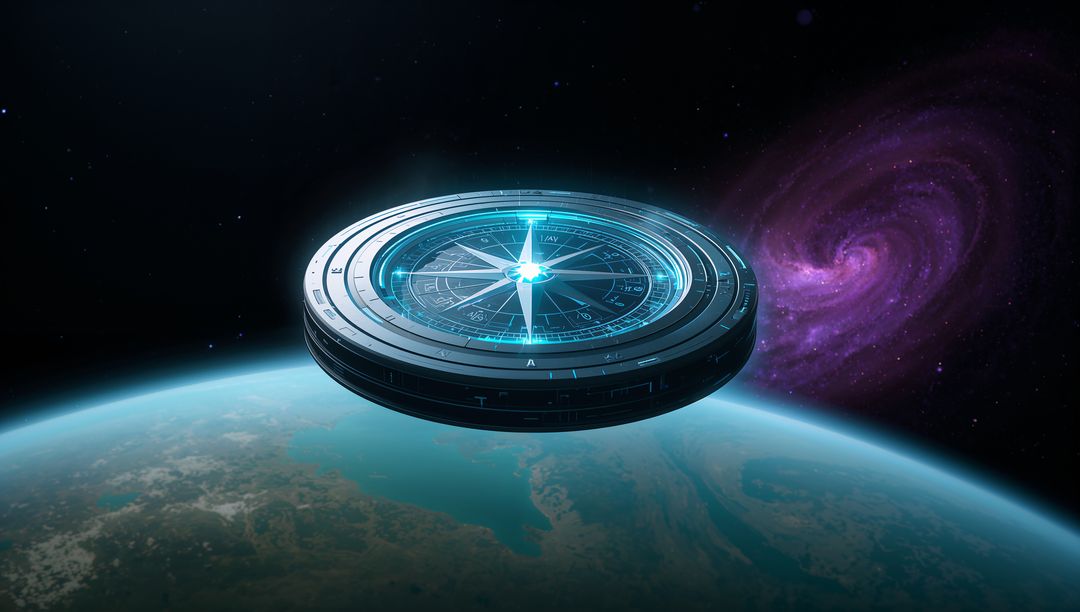 Futuristic Metallic Compass Hovering in Space Near Planet