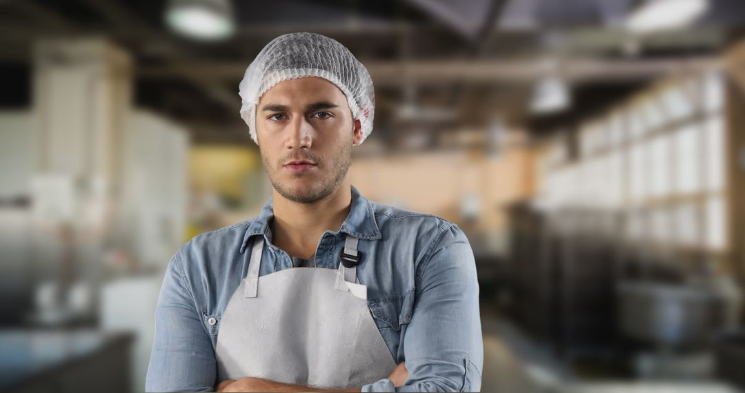 Confident Chef Wearing Apron with Crossed Arms in Commercial Kitchen