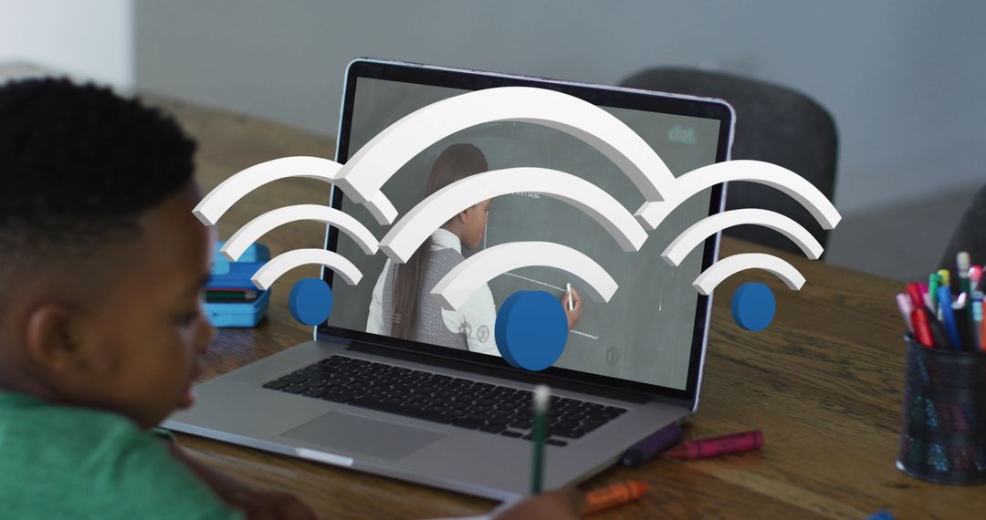 Child Engaged in Online Learning with Laptop and Wi-Fi Icon