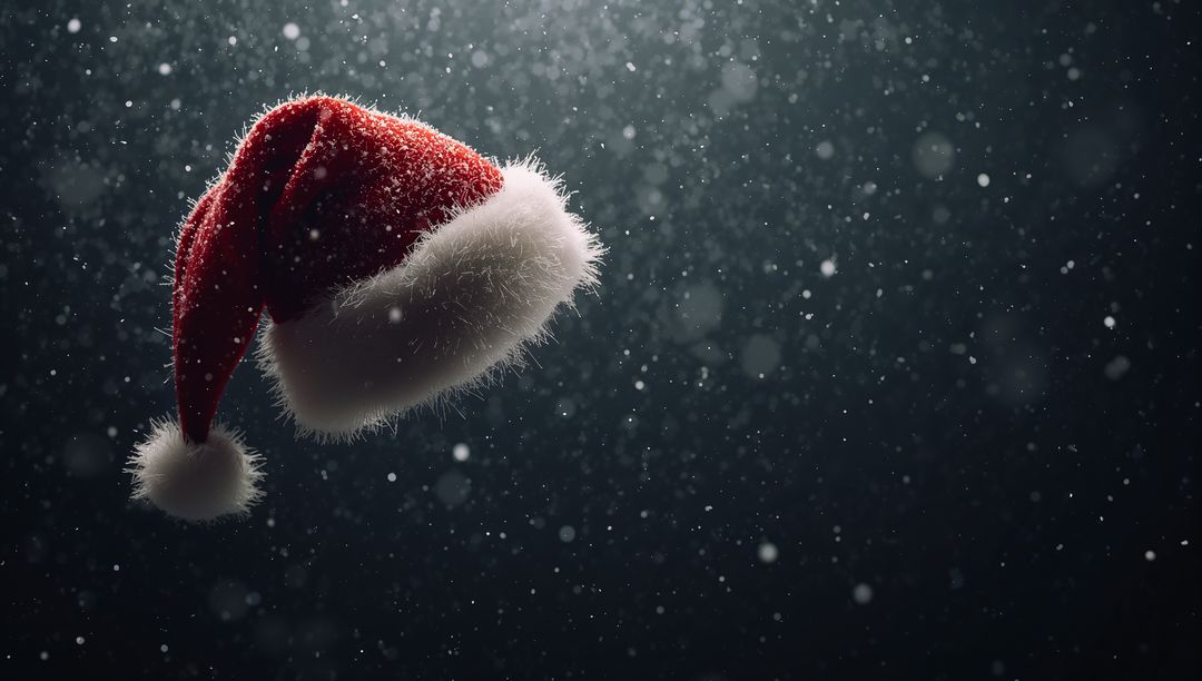 Floating Santa Hat with Fluffy Fur Trim and Falling Snowflakes on Dark Bokeh Background