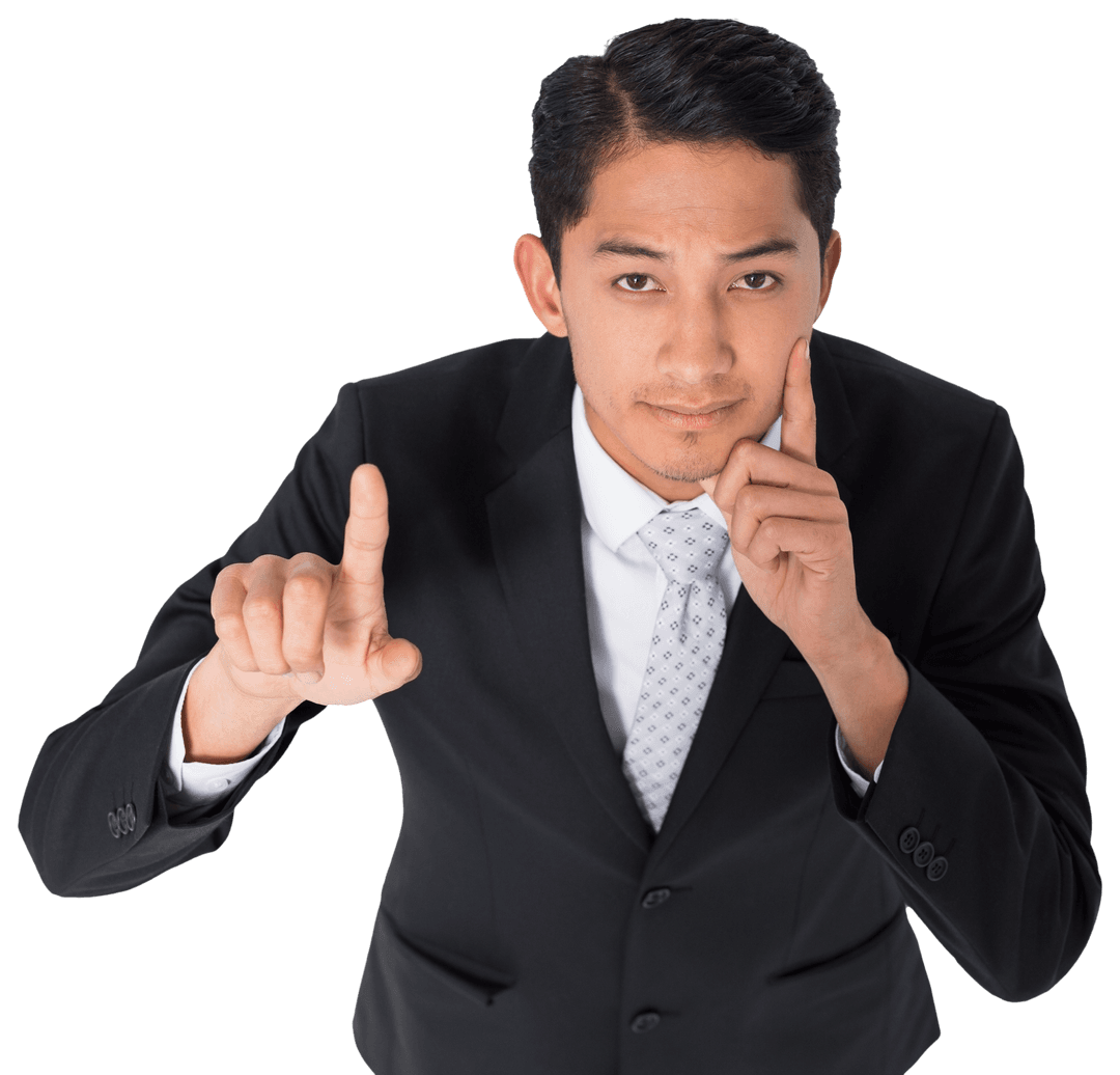 Transparent Asian Man Pointing and Thinking in Business Suit