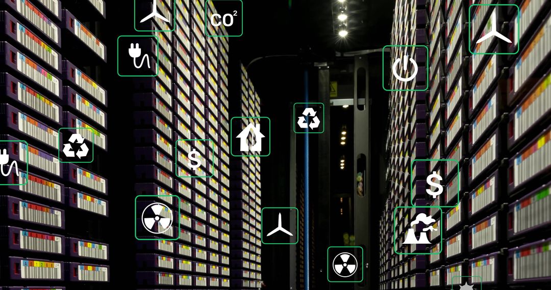 Ecology Icons Amidst Modern Data Center Racks