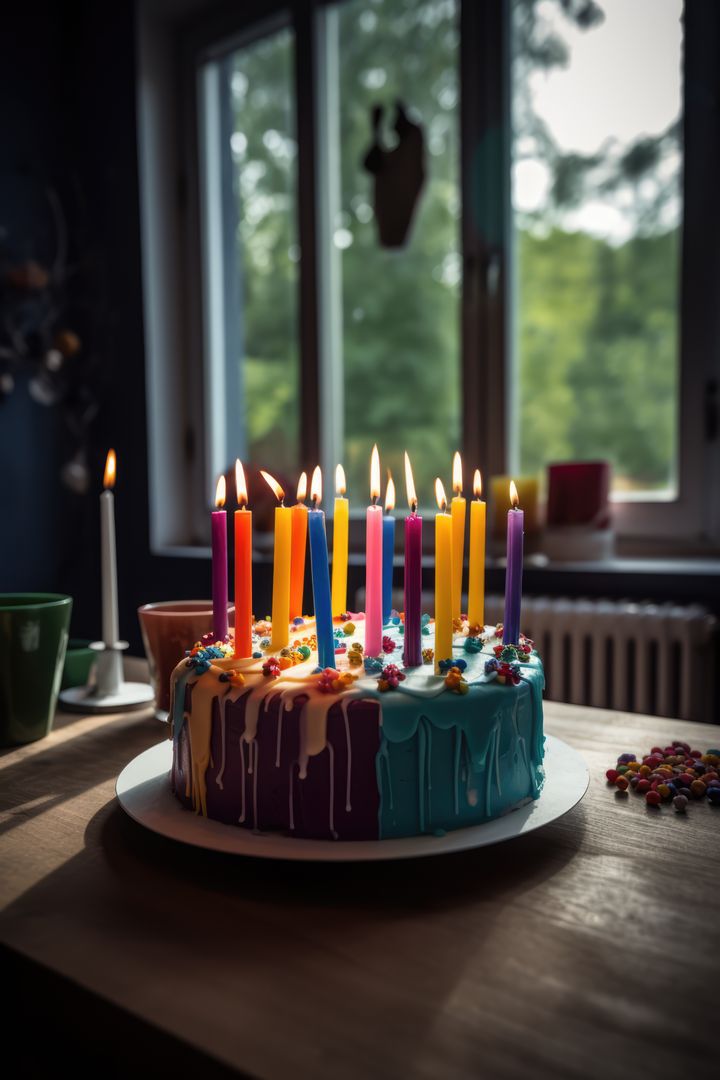 Colorful Birthday Cake with Candles in Cozy Home - Free Images, Stock Photos and Pictures on Pikwizard.com