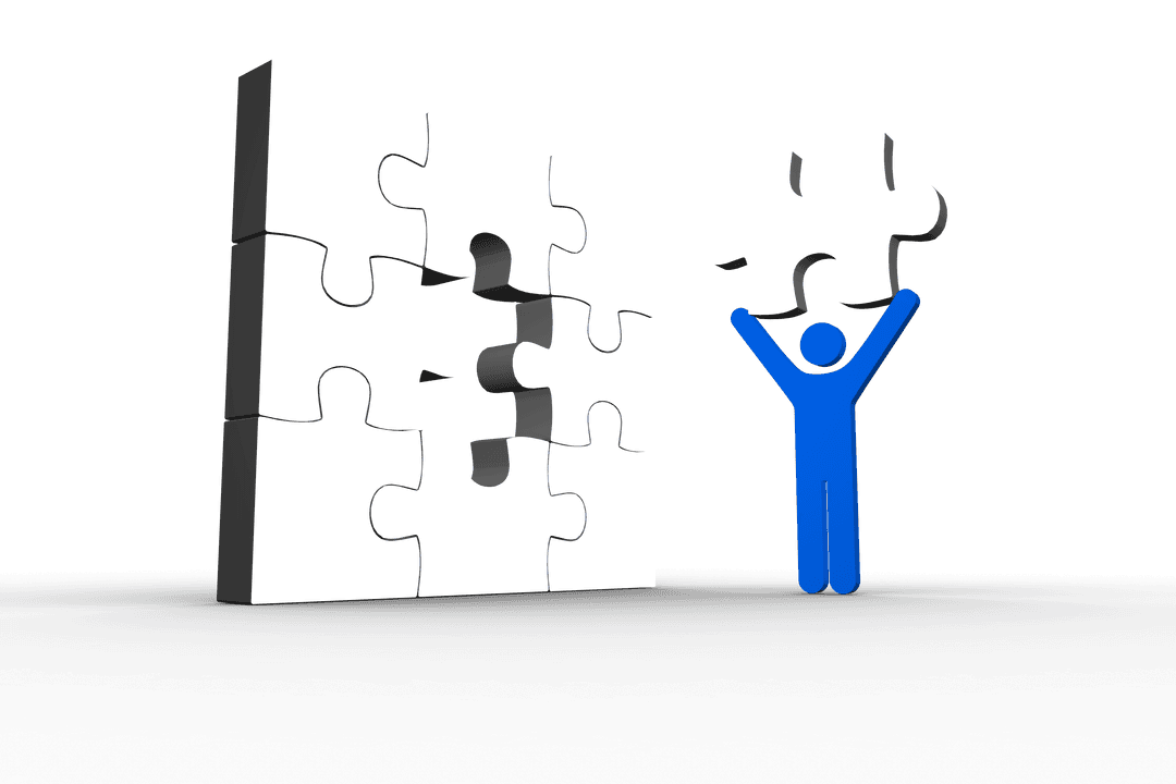 Blue Character Holding Puzzle Piece on Transparent Background