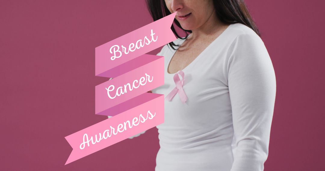 Woman Promoting Breast Cancer Awareness with Pink Ribbon - Free Images, Stock Photos and Pictures on Pikwizard.com