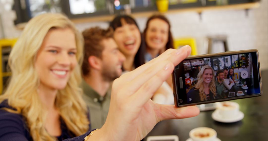 Friends Taking Selfie at Coffee Shop Smile Cheerful - Free Images, Stock Photos and Pictures on Pikwizard.com