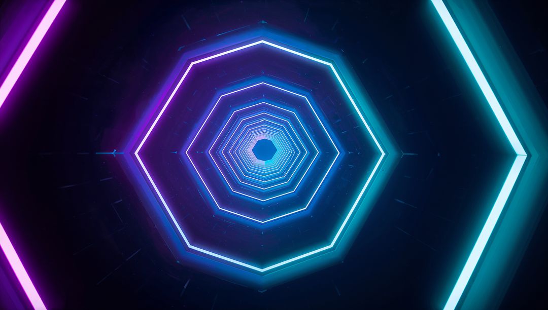 Futuristic Neon Hexagon Tunnel with Purple Cyan Hues and Particles