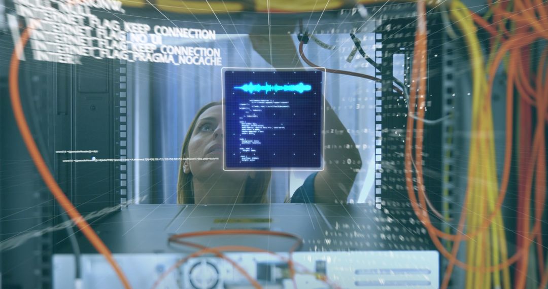 Female Engineer Maintaining Computer Servers with Digital Interface Display