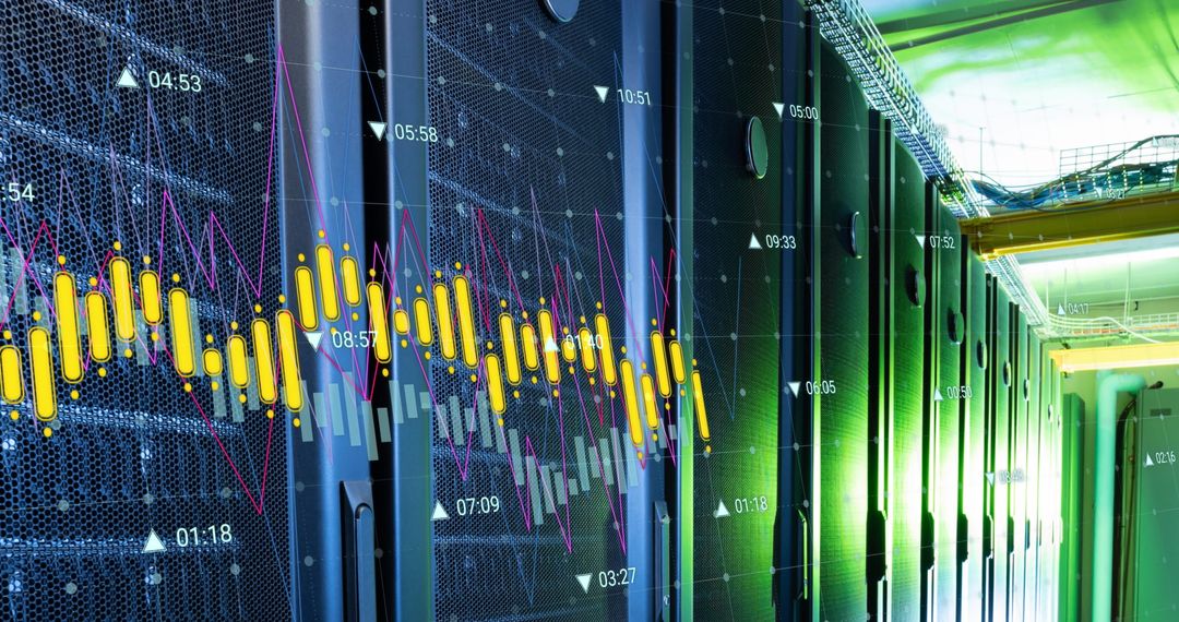 Digital Statistics Overlaid on Modern Server Room with Green Lighting