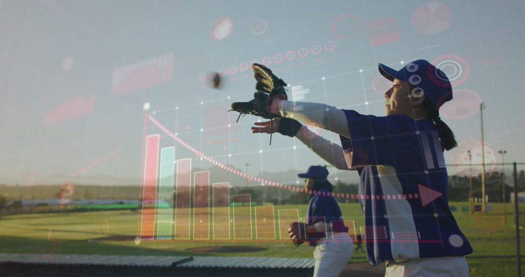 Baseball Player Reaching for Catch with Data Analysis Overlay