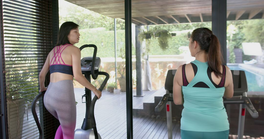 Two Women Exercising on Elliptical Machines in Gym with Outdoor View - Free Images, Stock Photos and Pictures on Pikwizard.com