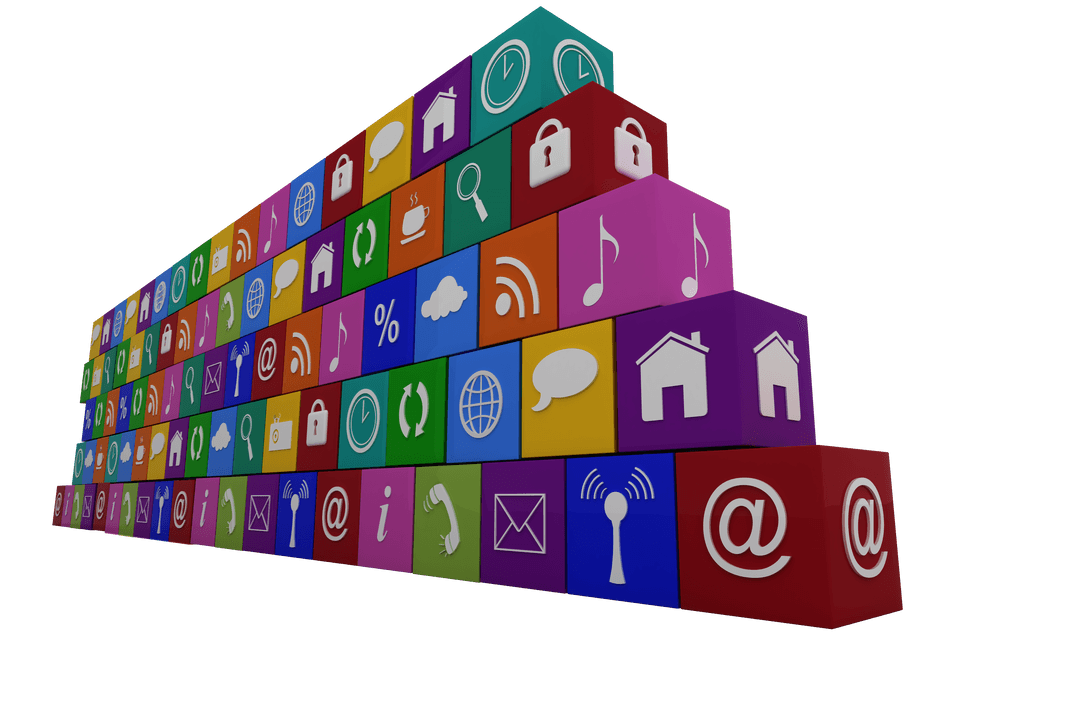 3D Transparent Wall of Colorful Computer Icons on Clear Background