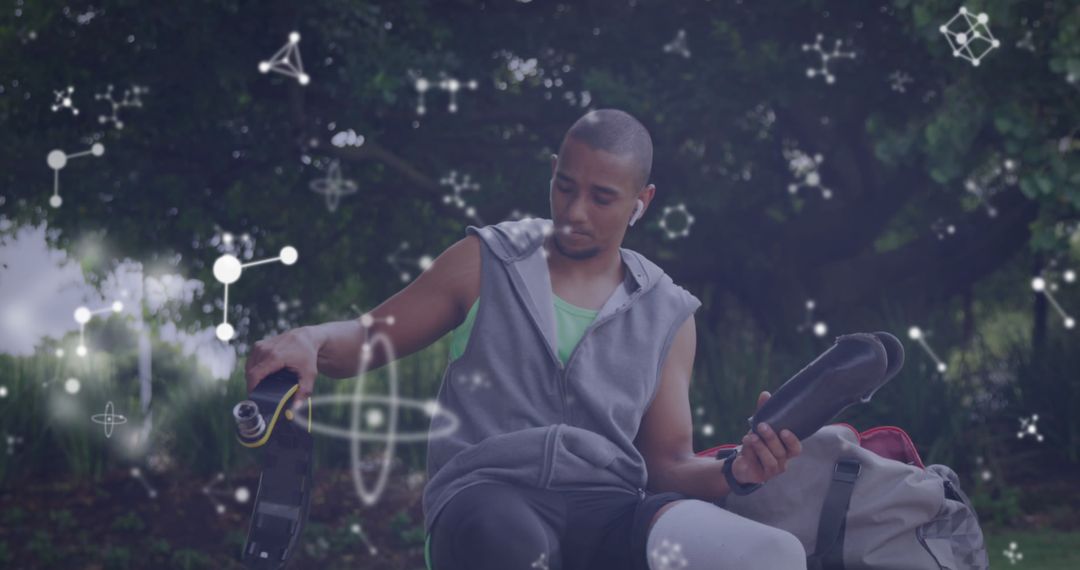 Athlete Fitting Prosthetic Running Blade with Digital Tech Overlay