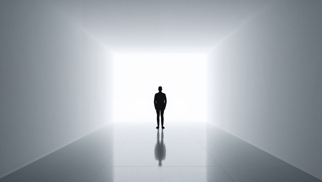 Silhouette Man in Suit Standing in Bright Minimal Corridor Backlit Casting Reflection on Glossy Floo