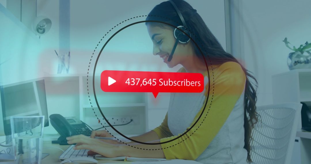 Businesswoman in Headset with Subscriber Count Overlay