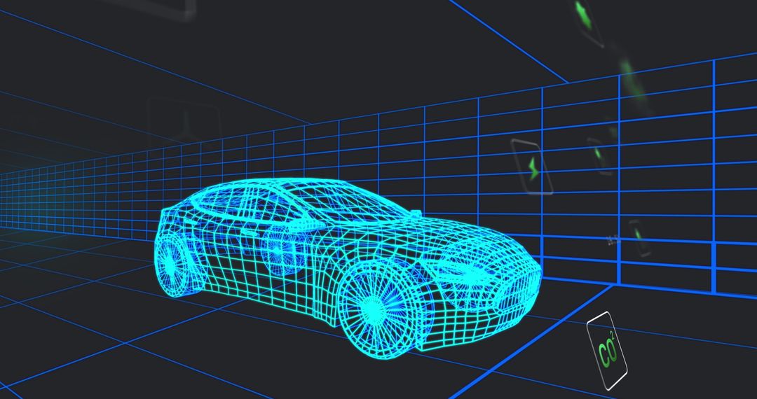 Futuristic Wireframe Car in Digital Matrix Grid Ambiente
