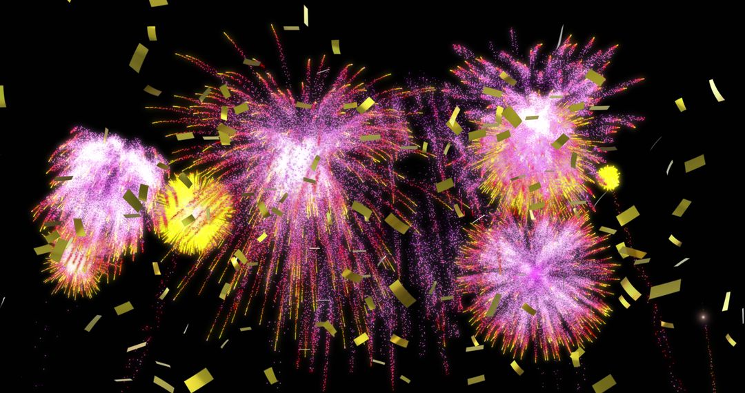 Vivid Fireworks and Gold Confetti Illuminate Night Sky