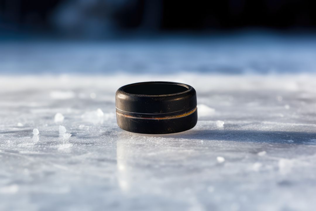 A hockey puck rests on the icy surface, symbolizing winter sports - Free Images, Stock Photos and Pictures on Pikwizard.com