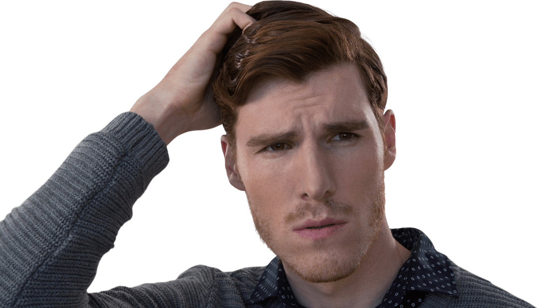 Transparent Image of Pensive Caucasian Man Scratching His Head in Thought