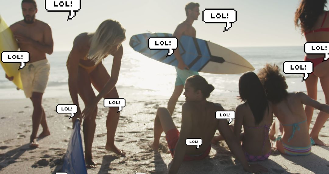 Image of speech bubbles with lol text over friends with surfboards on beach - Free Images, Stock Photos and Pictures on Pikwizard.com