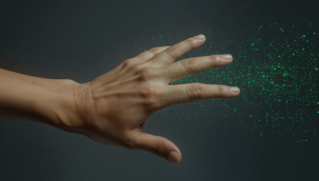 Adult Hand Releasing Green Digital Particles and Pixel Stream Over Dark Background