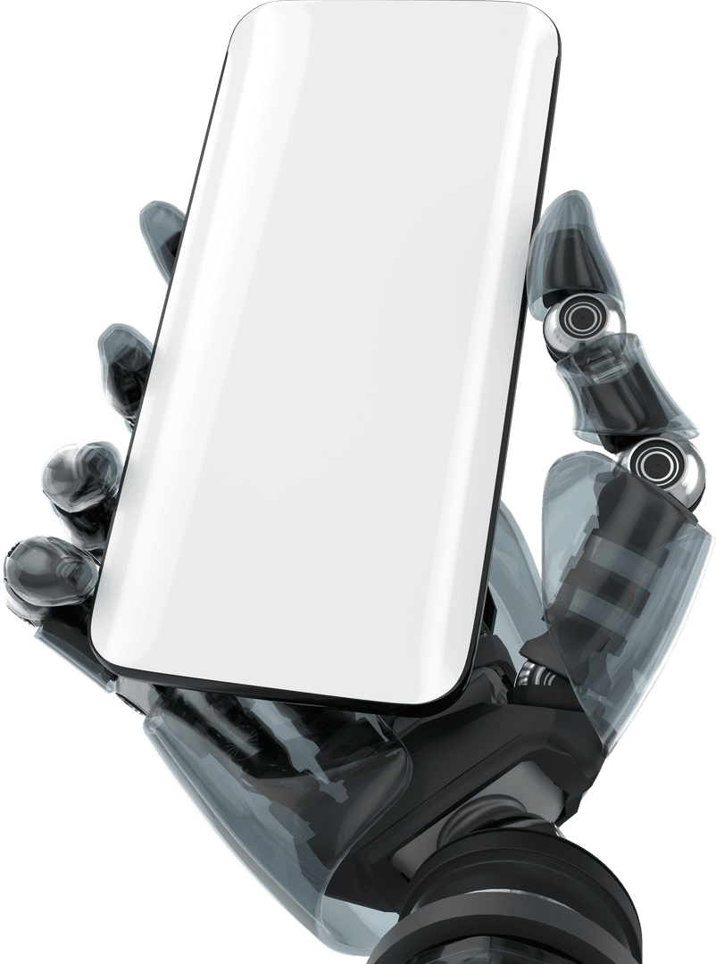 Transparent Futuristic Robot Hand Holding Smartphone