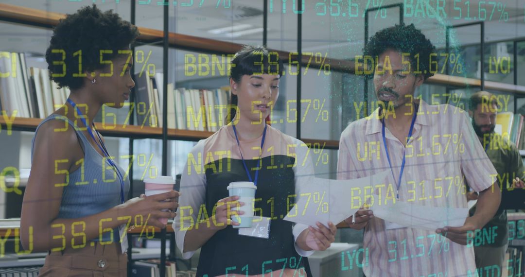 Diverse Team Collaborating with Technology and Stock Market Data