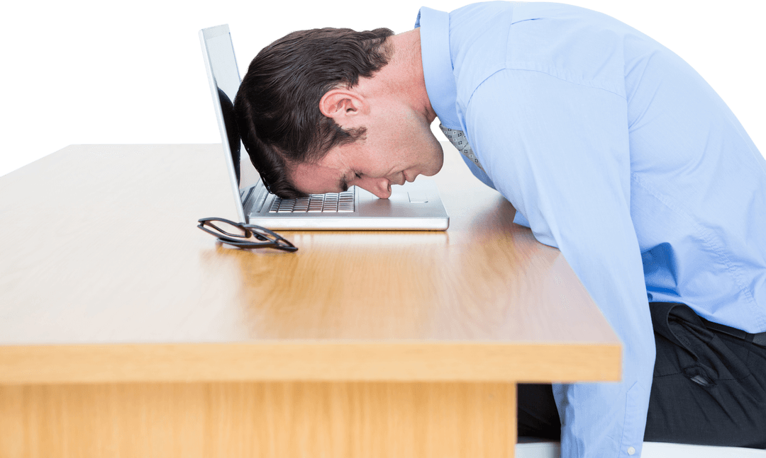 Exhausted Businessman Resting Head on Laptop Transparent Background