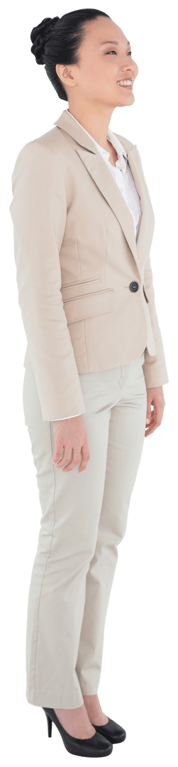 Transparent Smiling Businesswoman Standing in Profile View