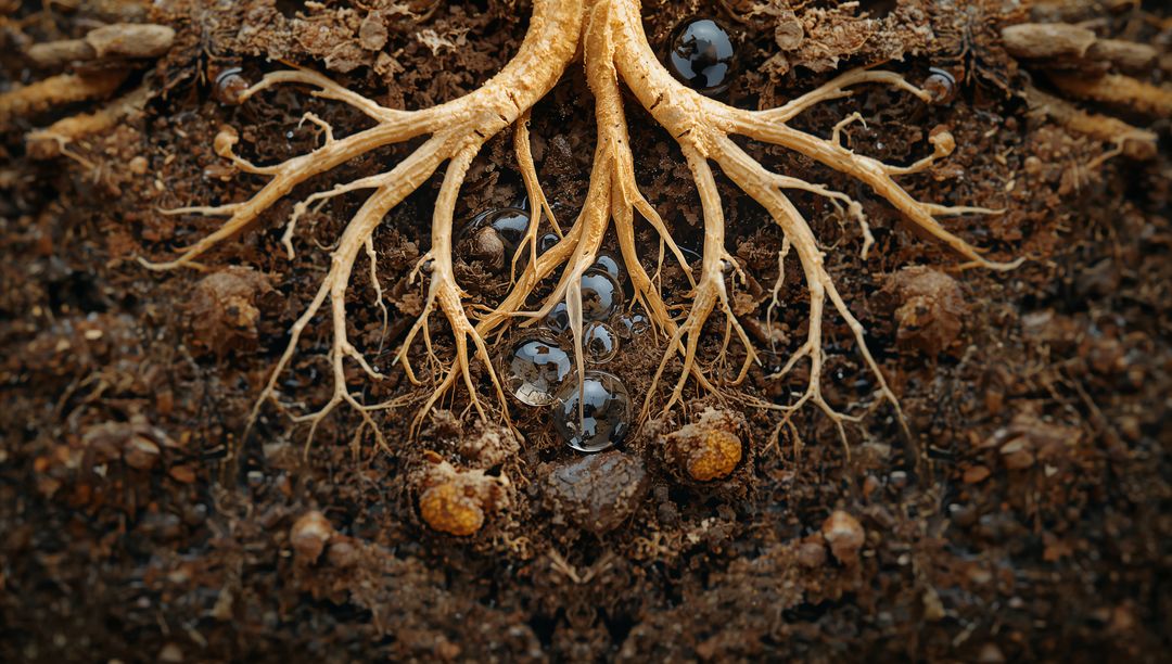 Underground Root Network Showing Mycorrhizal Nodules and Water Droplets