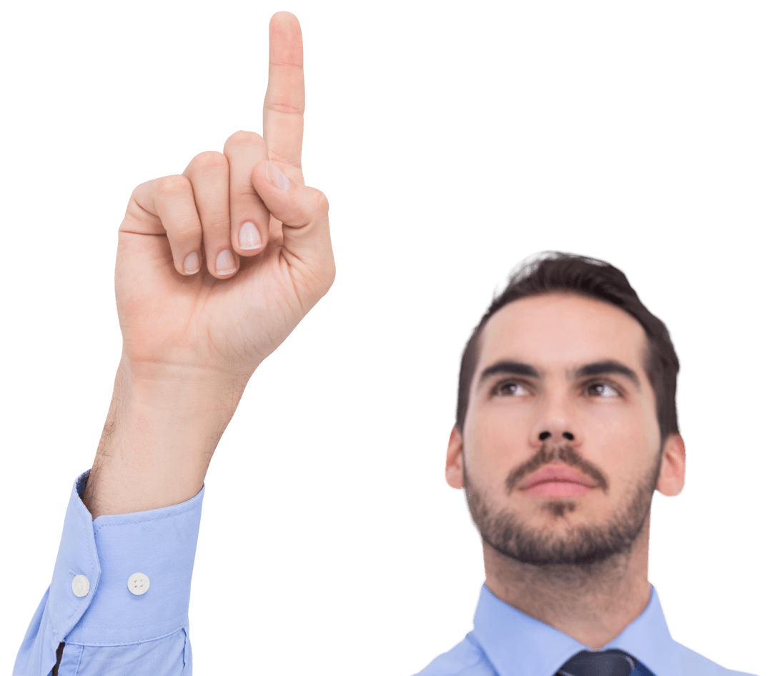 Professional Man Pointing Upwards on Transparent Background