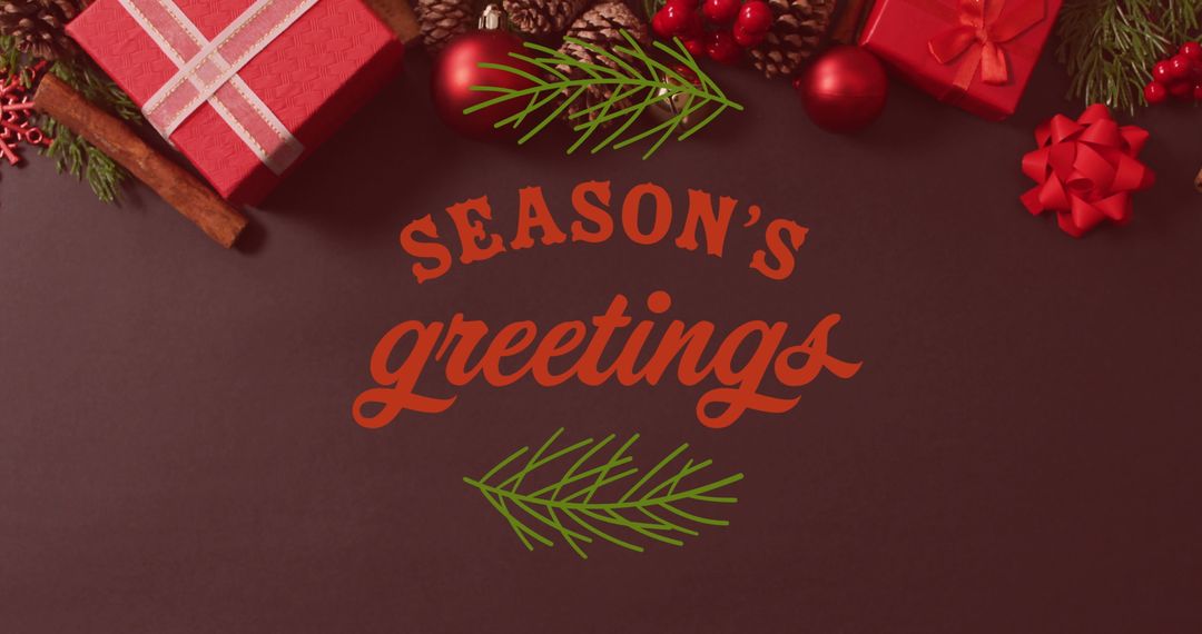 Season's Greetings Message with Christmas Gifts and Decorations