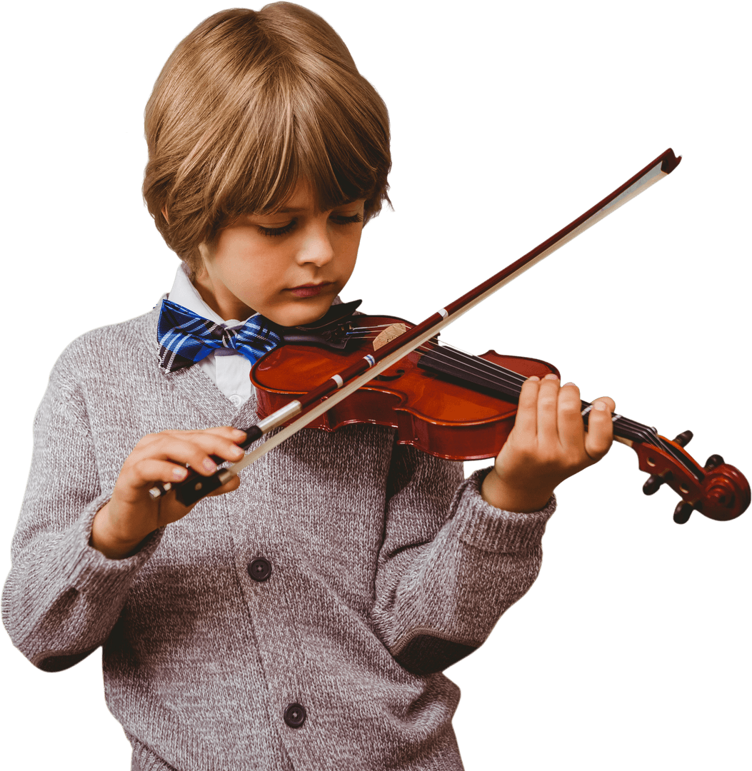 Young Boy Playing Violin Isolated on Transparent Background