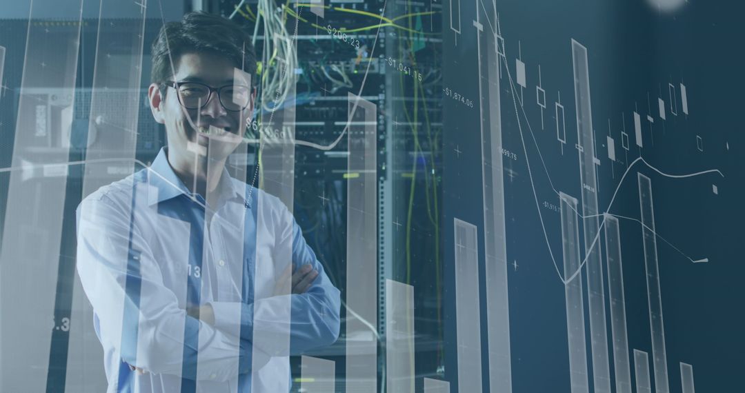 Smiling IT Engineer in Data-Centric Setting with Servers and Charts Overlay - Free Images, Stock Photos and Pictures on Pikwizard.com