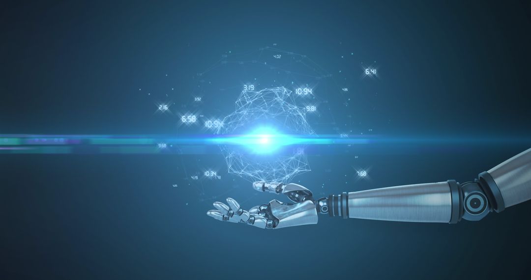 Futuristic Robot Hand Interacting with Digital Data