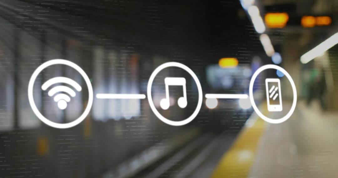 Digital Communication Icons Overlay on Train Platform