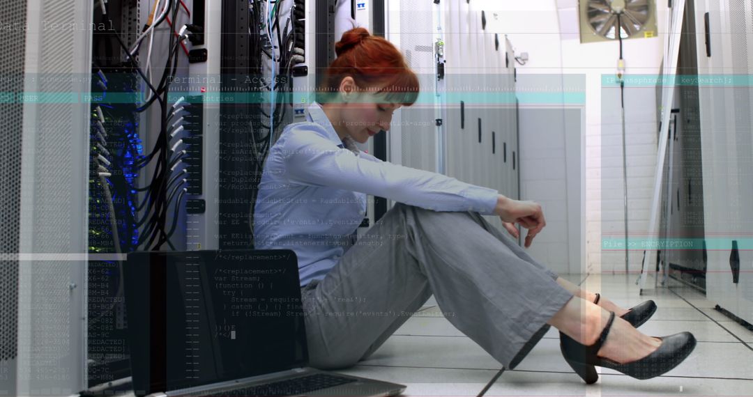 Exhausted IT Engineer Sitting in Server Room Counteracting Digital Vortex