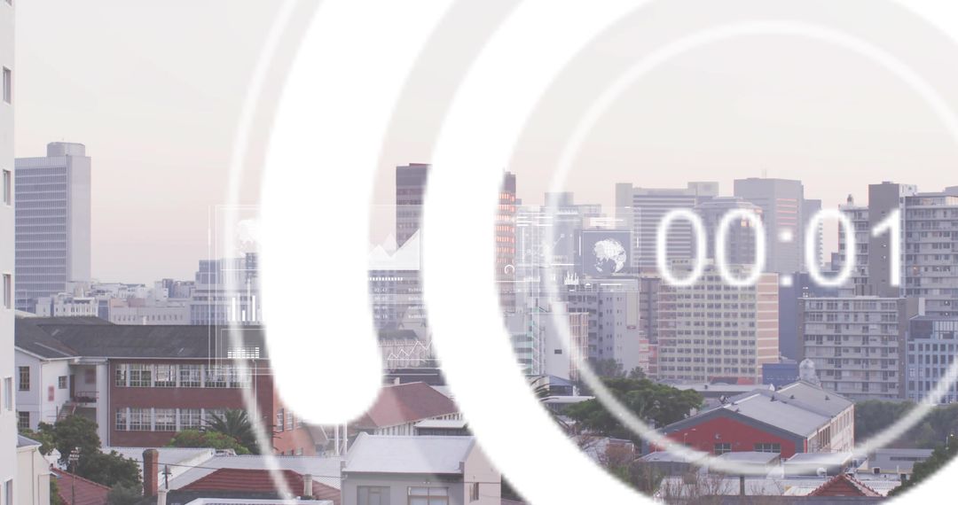 Urban Skyline at Dawn with Countdown Graphic Overlay