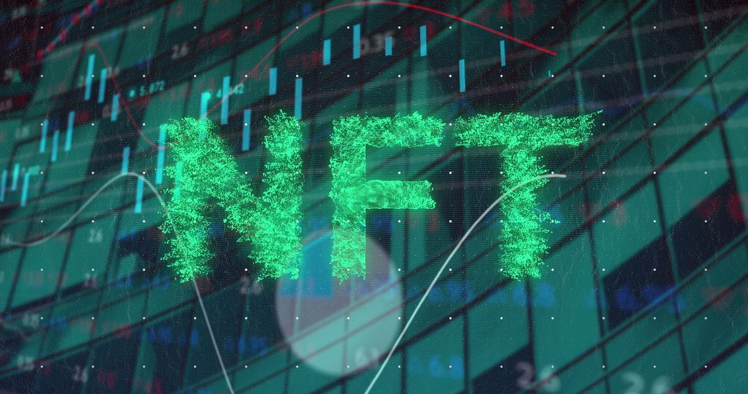Glowing Green NFT Display with Candlestick Charts