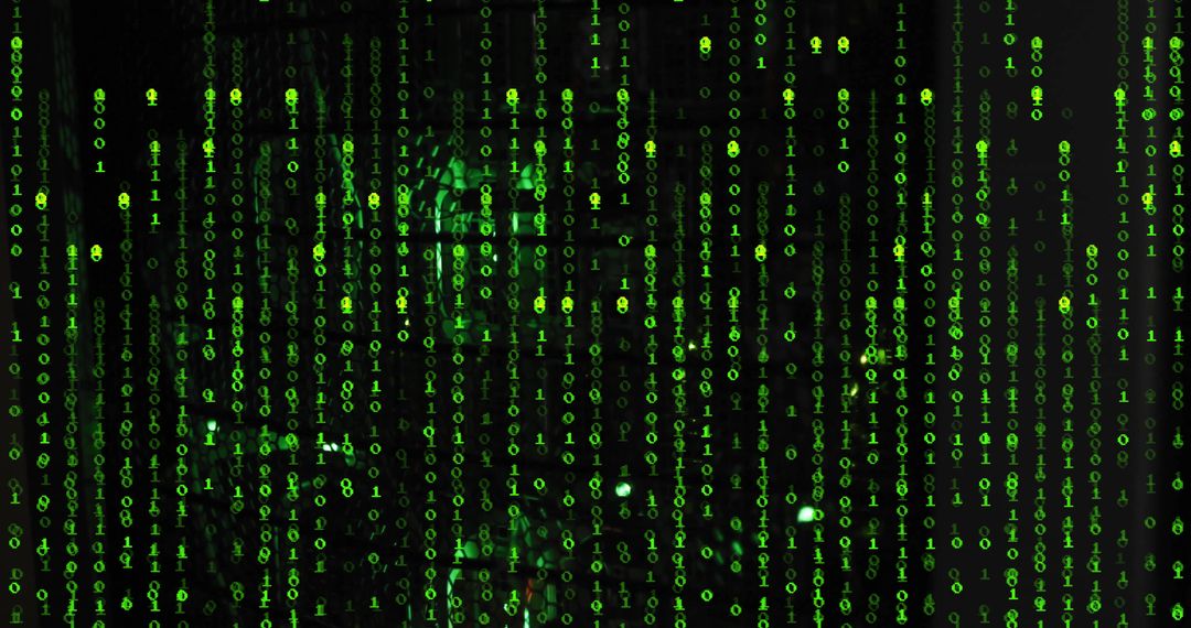 Binary Code Streaming on Black Background Symbolizing Digital Data