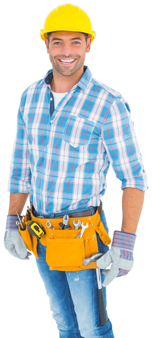 Smiling Handyman Wearing Tool Belt and Yellow Hard Hat Transparent Cutout
