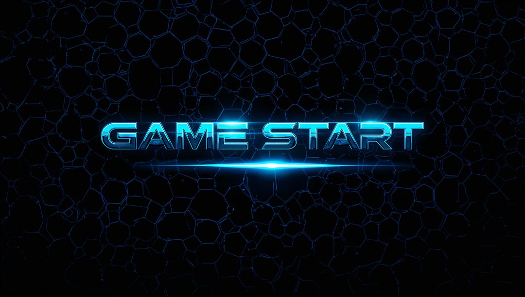 Neon Blue GAME START Text Pulsing on Digital Sci-Fi Screen