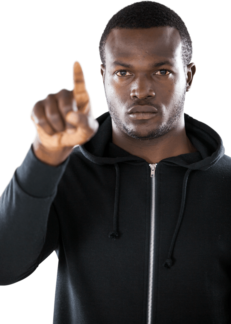 Serious Man Pointing on Transparent Background PSTal Screen Concept