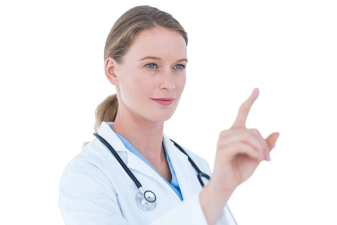 Caucasian Female Doctor Using Virtual Interface on Transparent Background