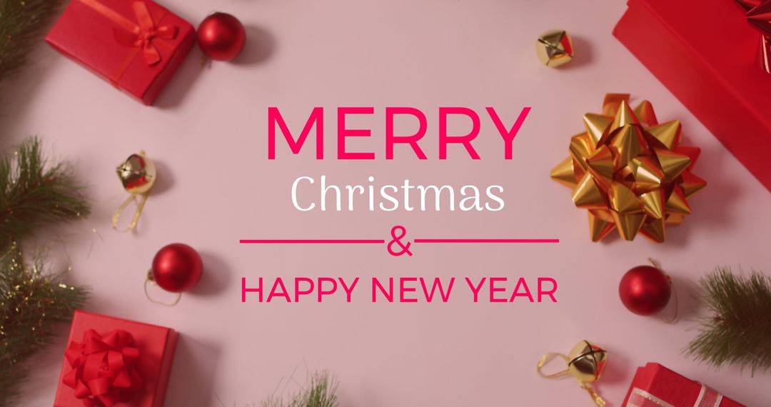 Festive Christmas and New Year Greeting with Decorations and Gifts