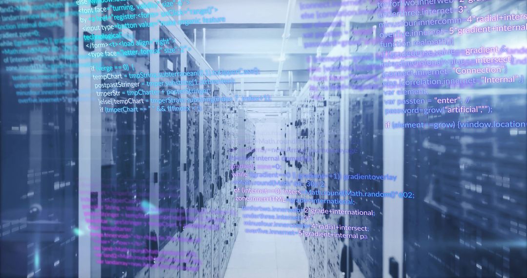 Futuristic Data Center with Cybersecurity Code Graphic Overlay