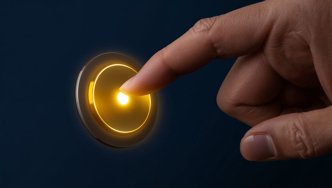 Pressing Finger Activating Glowing Circular Button with LED Halo on Dark Panel Touch Sensor Interfac