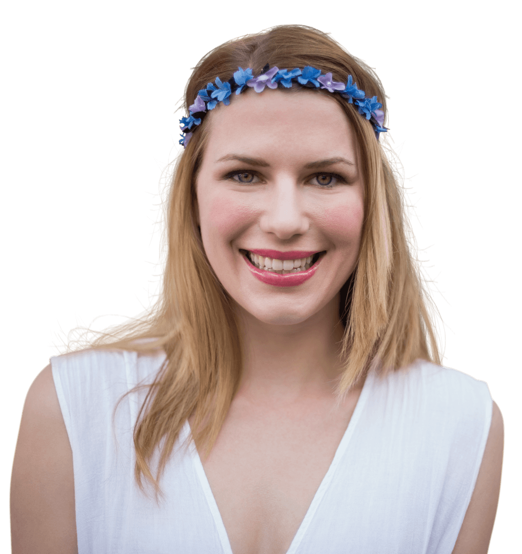 Smiling Woman with Floral Headband on Transparent Background