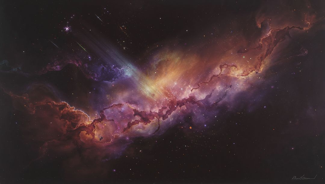 Glowing Interstellar Nebula Stretching Across Cosmos with Dust Lanes and Star Clusters